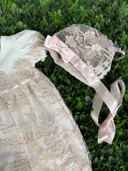 Bebe Gabrielle Girls’ Lace Changing Romper 3863-2 Newborn / Ivory / Pink