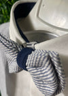 Michelina Bimbi White and Blue Stripe Linen Shorts Outfit with Bow Tie
