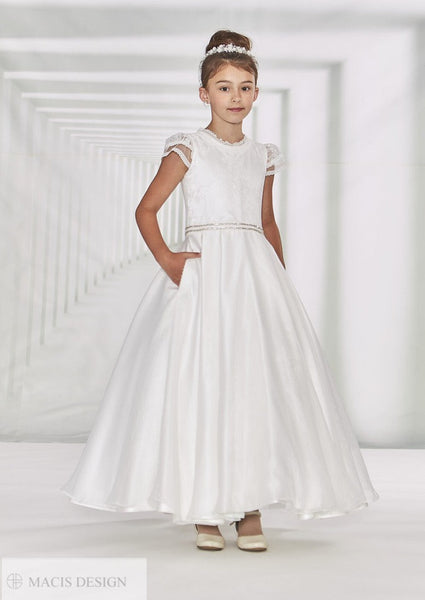 Macis Design Short Sleeve Satin and Organza Communion Gown with Pocket