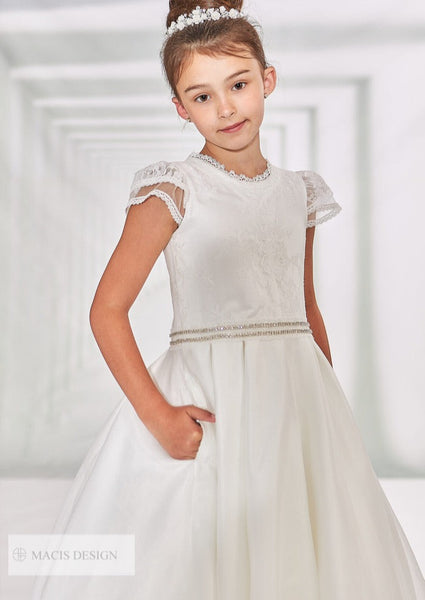 Macis Design Short Sleeve Satin and Organza Communion Gown with Pocket