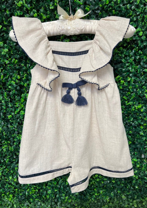 Mayoral Linen Ruffle Romper With Navy Edge 1893
