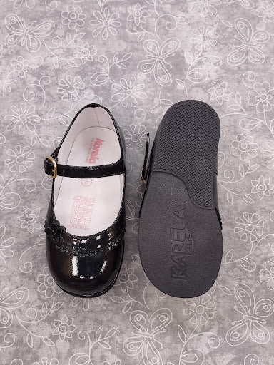 Girls’ Black Patent Leather Mary Jane Shoes with Flower Detail