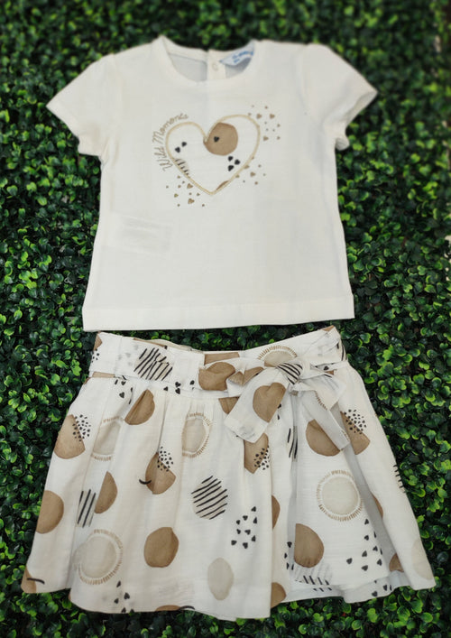 Mayoral Girl’s Ivory and Beige Polka Dot Skirt Set - 1942