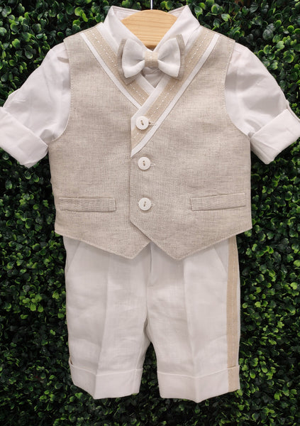 Bimbalo Boys' Piece Beige Linen Shorts and Vest Outfit with Cap