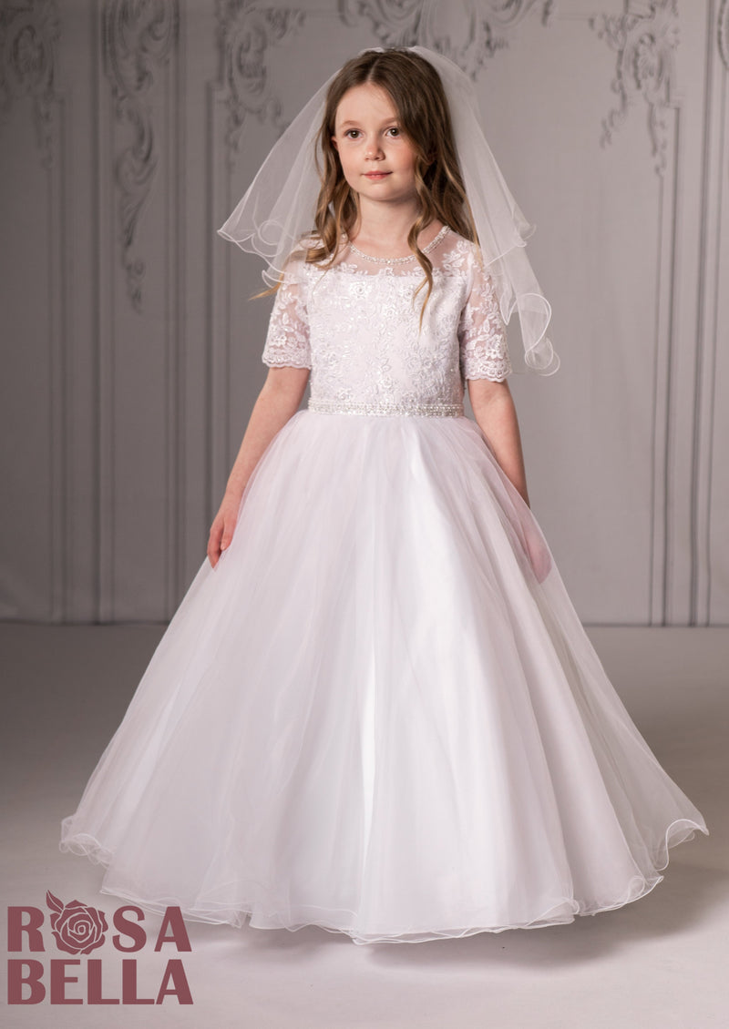 Rosabella Tulle Gown with Embroidery Details and Elbow Sleeve-RB641
