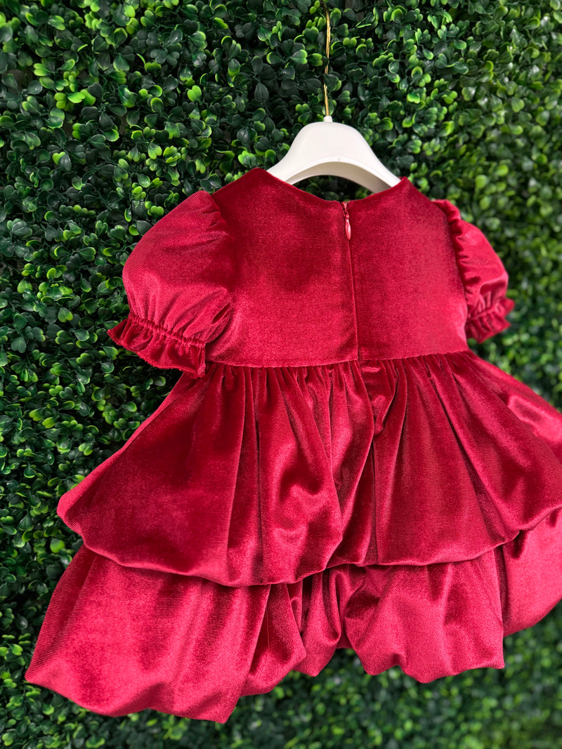 Bimbalo’ Girls' Red Velvet Crunch Sleeve Tier Bubble Dress with Bow