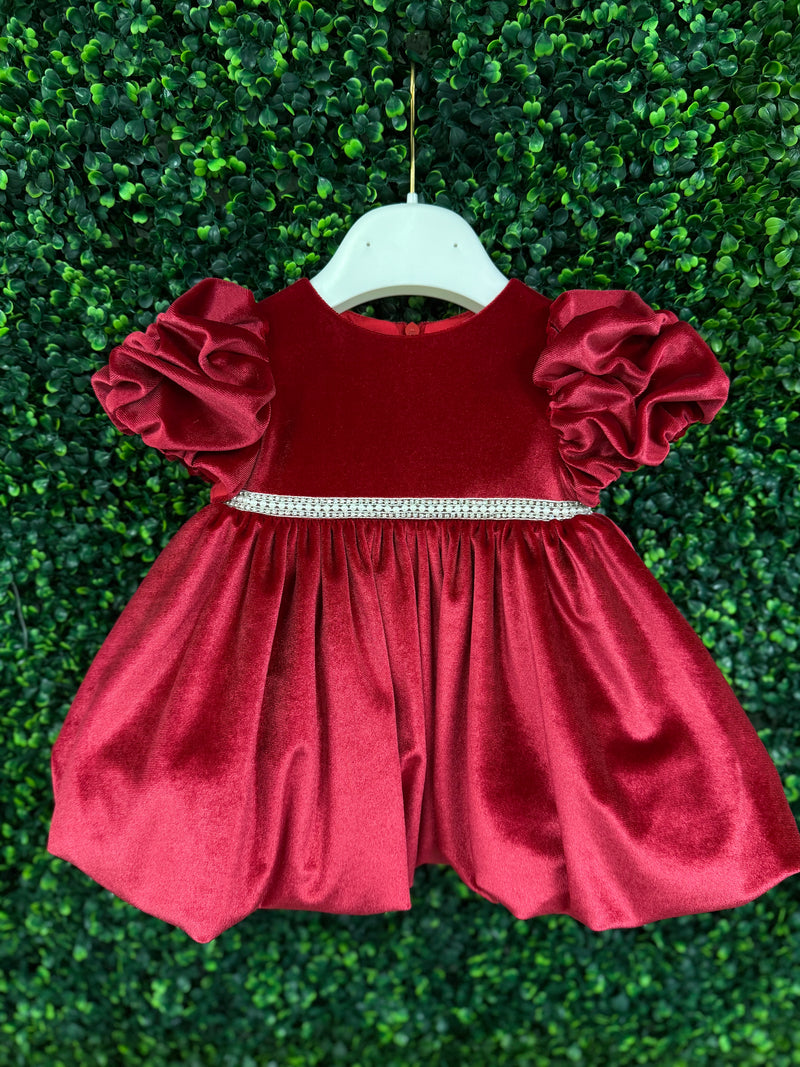 Bimbalo Girls' Red Velvet Dress with Rhinestone and Pearl Accent Red / 9 Months Bimbalo Girls' Red Velvet Dress with Rhinestone and Pearl Accent Red / 9 Months