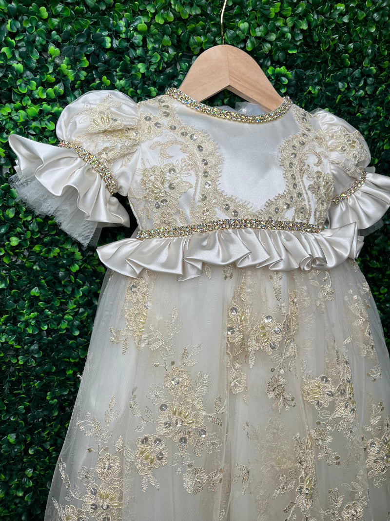 Piccolo Bacio Couture Girls Baptism Gown Sabrina Gold 3 Months / Dress / Off White Piccolo Bacio Couture Girls Baptism Gown Sabrina Gold 3 Months / Dress / Off White