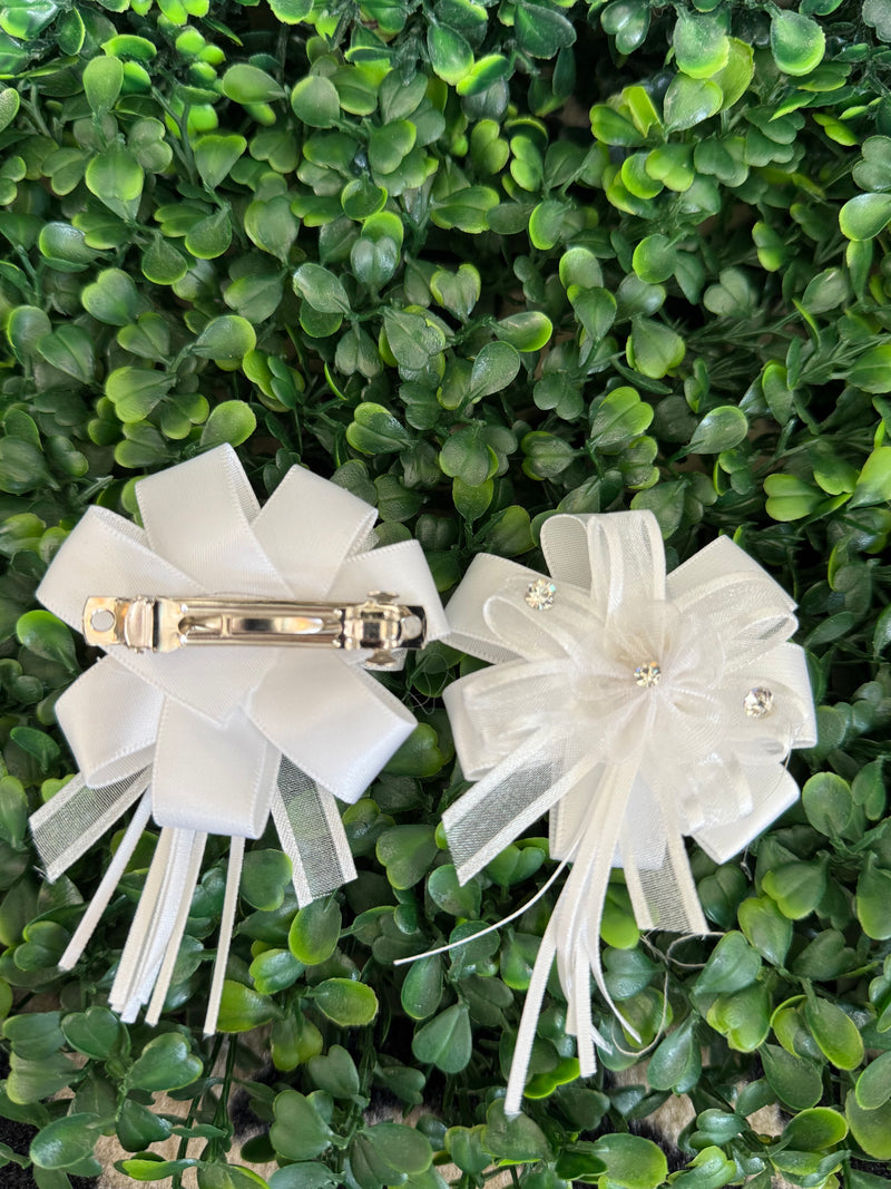 White Satin and Tulle Flower Clip Set