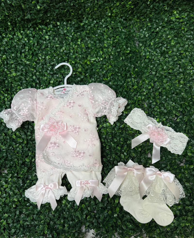 Katie Rose, Floral Cotton  Embroidered Lace Layette Set
