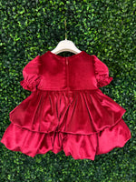 Bimbalo’ Girls' Red Velvet Crunch Sleeve Tier Bubble Dress with Bow