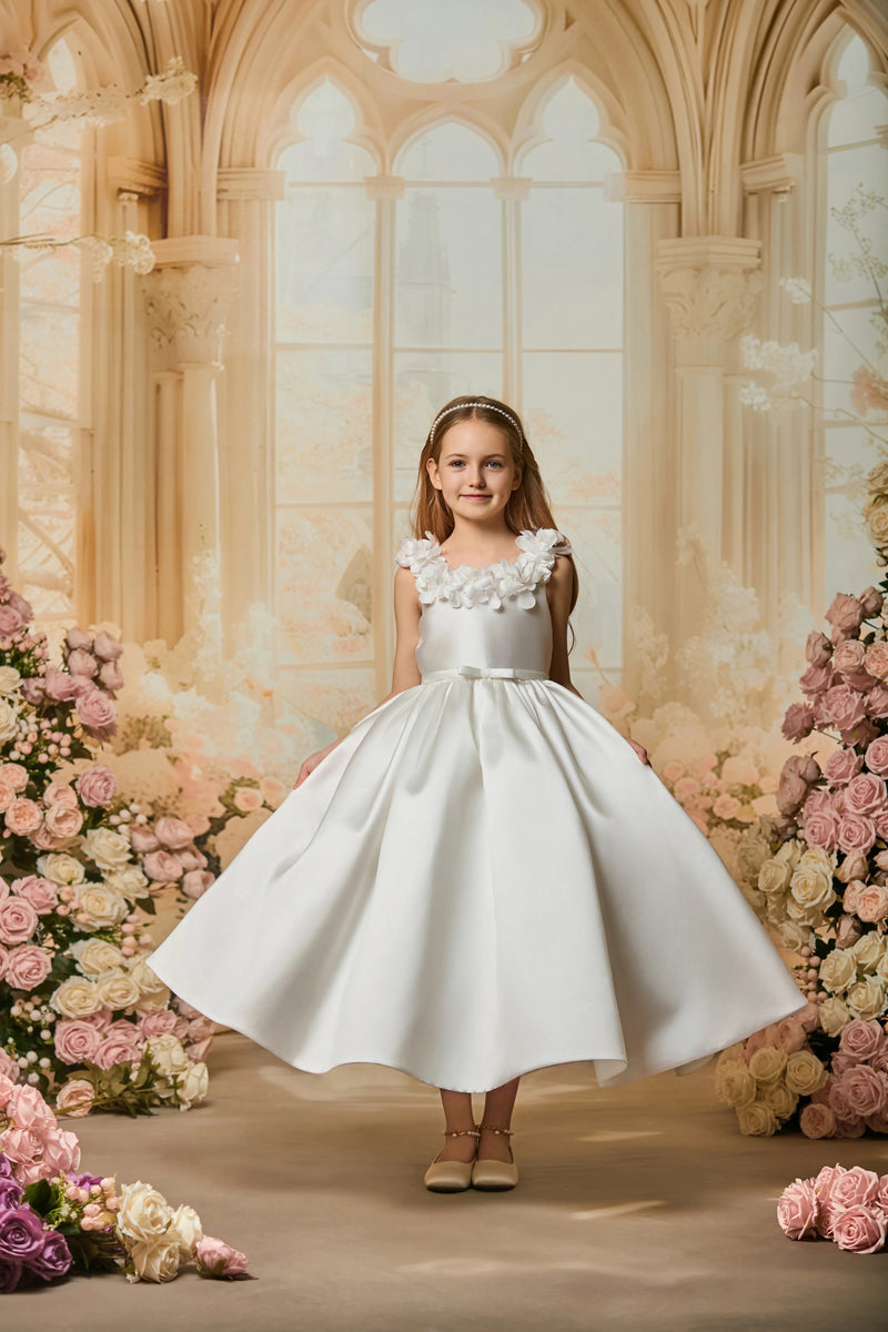 Princess Daliana Satin Pinch Pleat Three Dimensional Flower Dress D24472