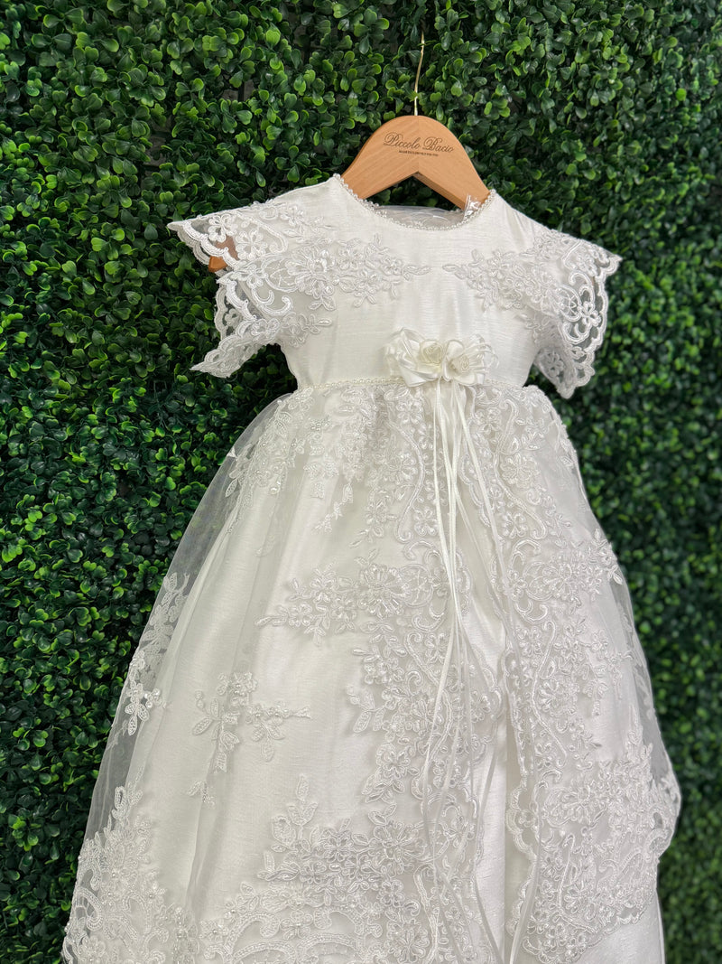 Piccolo Bacio Girls' Lace Flutter Sleeve Baptism Gown Nicolette