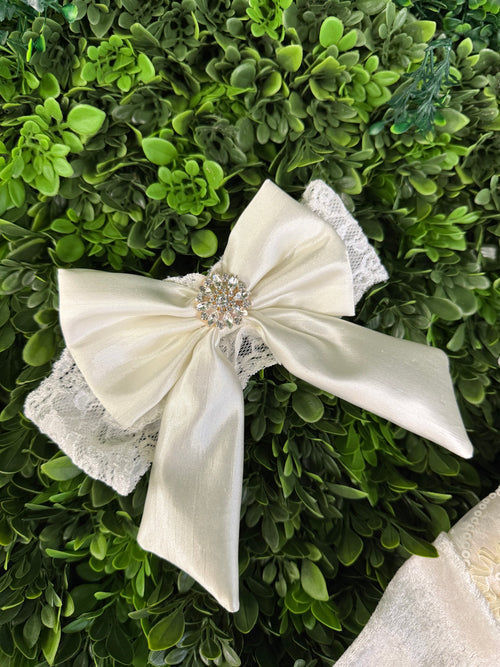 Katie Rose Ivory Infant Cotton Velvet Lace Bow Set with Matching Socks and Headband