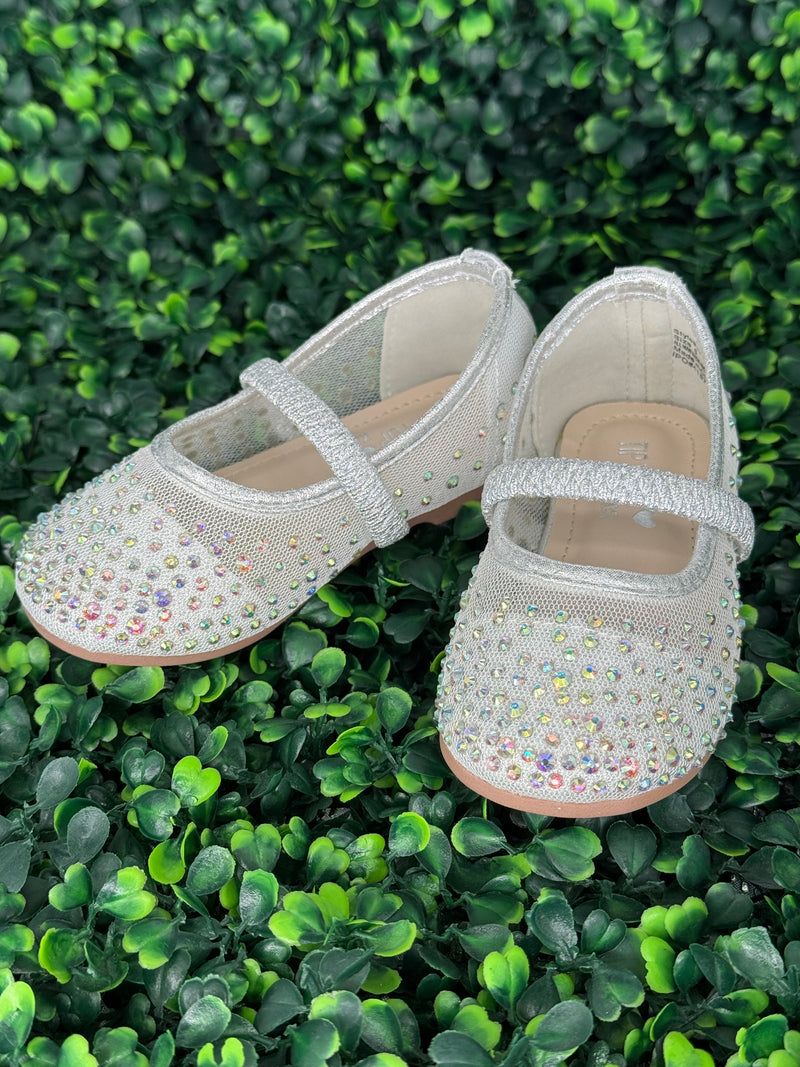 Girls’ Silver Mesh Flats with Rhinestone Detailing