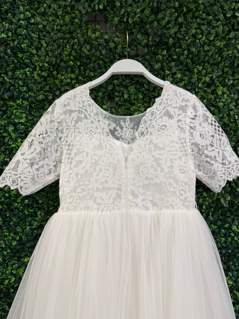 elbow sleeve lace dress Teter Warm Elbow Sleeve Lace Gown SK25 6 / White