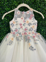Joan Calabrese Ivory Multi Colored Flower Dress with Tulle Skirt 25322
