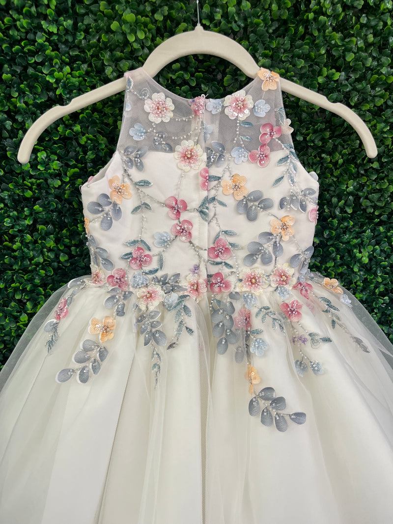 Joan Calabrese Ivory Multi Colored Flower Dress with Tulle Skirt 25322