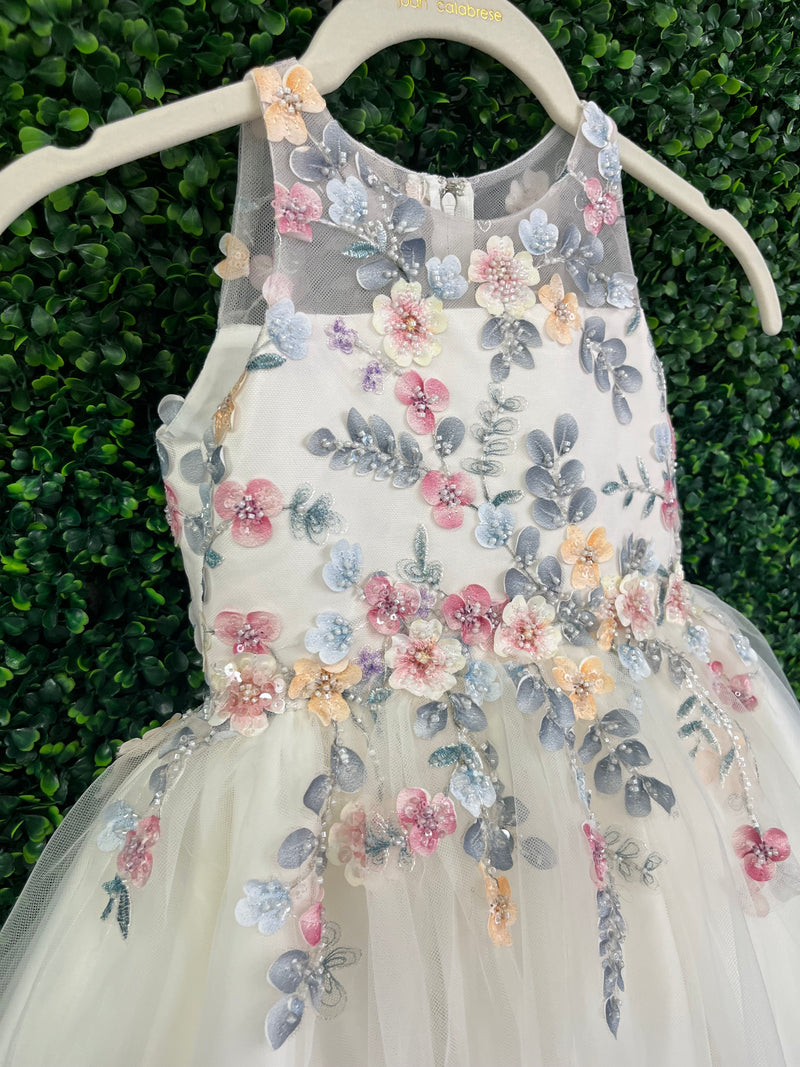Joan Calabrese Ivory Multi Colored Flower Dress with Tulle Skirt 25322