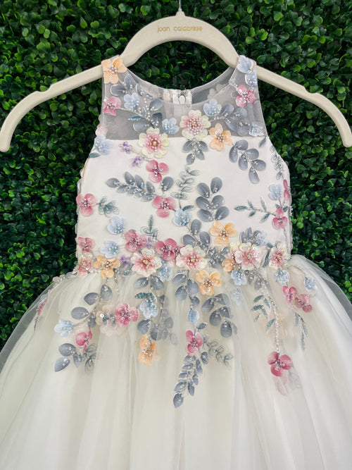 Joan Calabrese Ivory Multi Colored Flower Dress with Tulle Skirt 25322