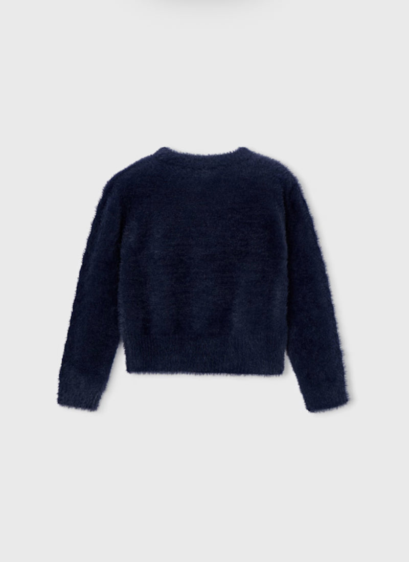 Mayoral Girls’ Fuzzy Knit Navy Sweater and Tweed Bow Shorts Set 4307