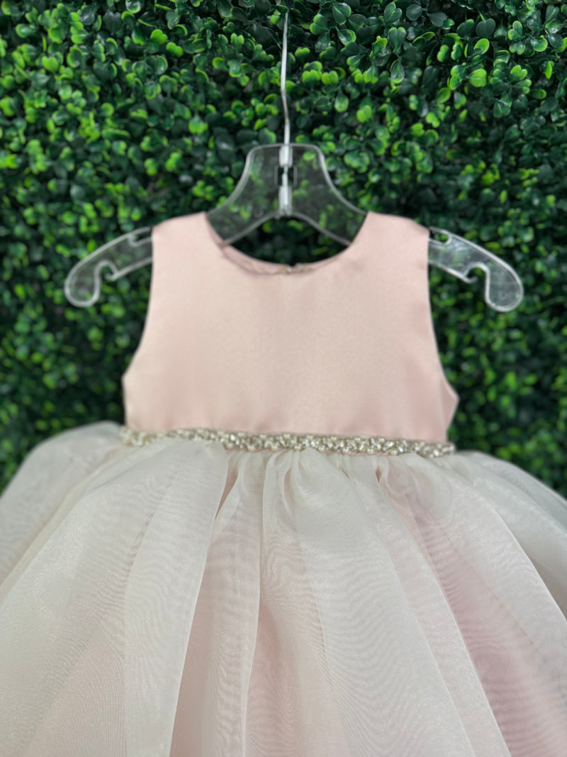 Nan & Jan Blush Satin and Organza Dress with Pearl and Rhinestone Belt