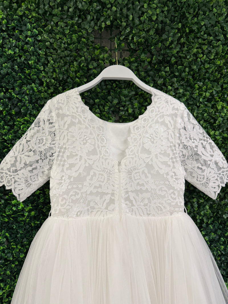 Teter Warm Lace Bodice Elbow Sleeve Gown SK35 7 / White Teter Warm Lace Bodice Elbow Sleeve Gown SK35 7 / White