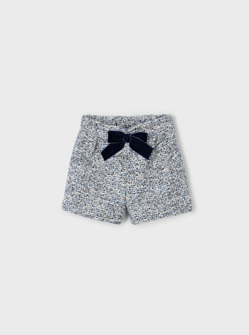 Mayoral Girls’ Fuzzy Knit Navy Sweater and Tweed Bow Shorts Set 4307