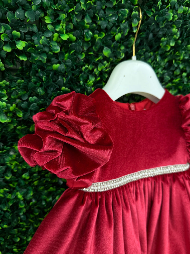 Bimbalo’ Girls' Red Velvet Dress with Rhinestone and Pearl Accent