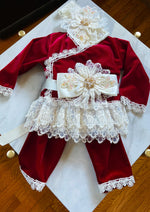 Katie Rose Red Infant Cotton Velvet Lace Beaded Set with Headband