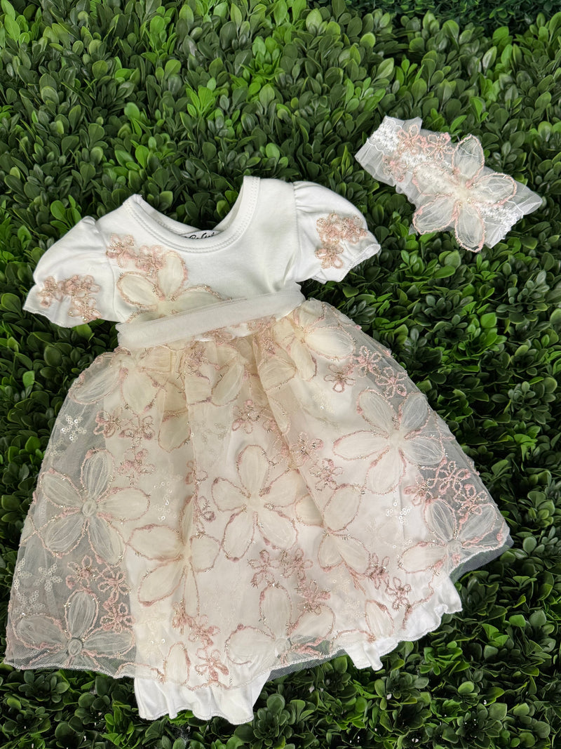 Bebe Gabrielle Girls’  Ivory and Mauve Pink Daisy Lace Changing Outfit 3835-2