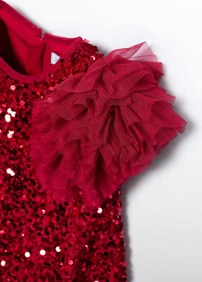 Abel & Lula Ruby Red Sequin Puff Sleeve Dress 5529