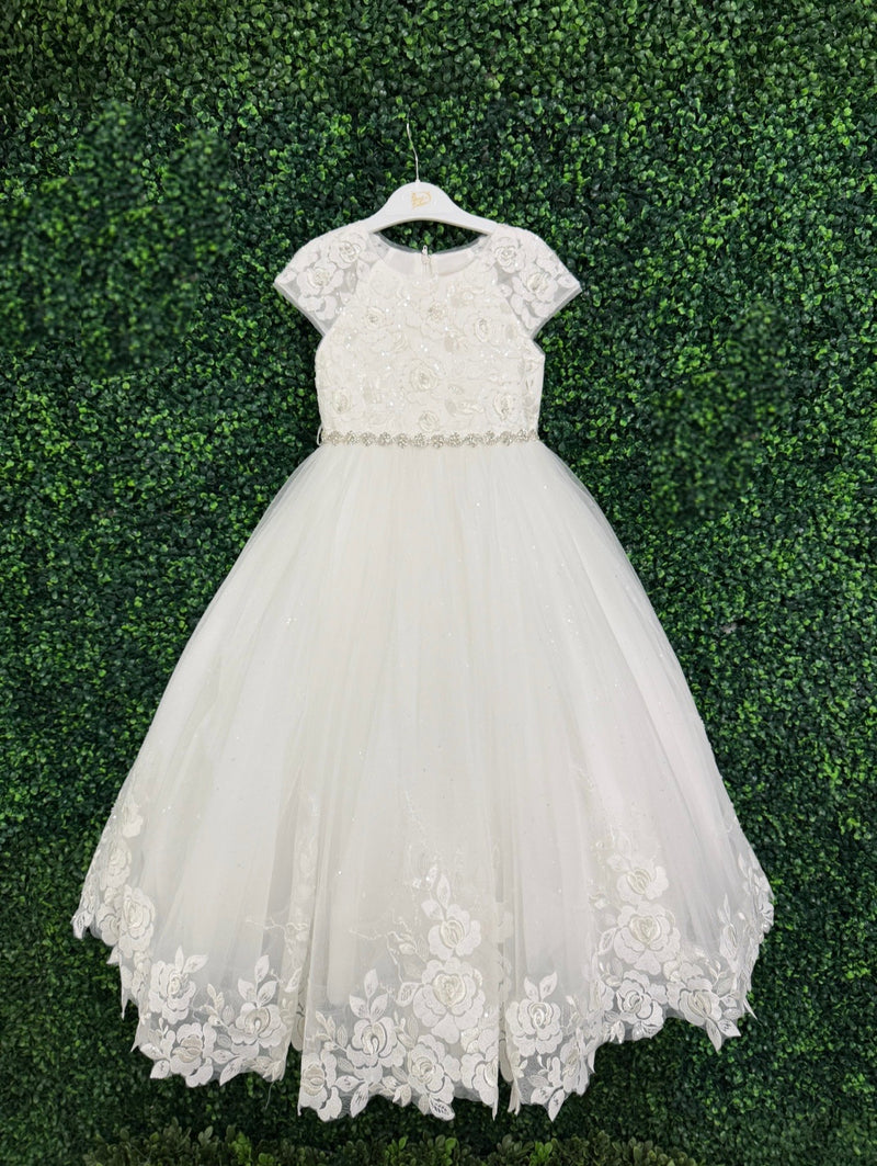 open lace back dress Princess Daliana Girls' Rosette Lace Long Gown