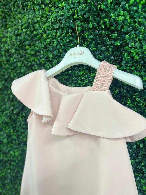 Bimbalo’ Girls' Crepe Asymmetrical Dress with Rhinestone and Pearl Accent