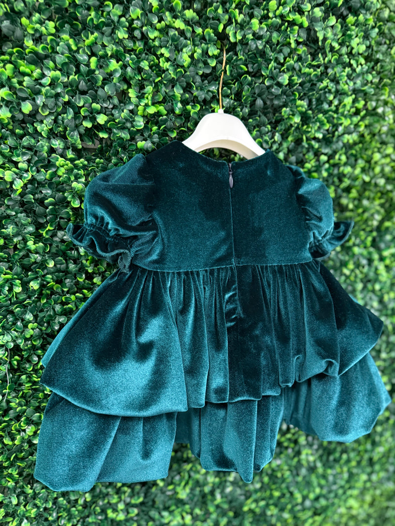 Bimbalo' Girls' Emerald Velvet Crunch Sleeve Tier Bubble Dress with Bo Sara's Children's Boutique Bimbalo' Girls' Emerald Velvet Crunch Sleeve Tier Bubble Dress with Bo Sara's Children's Boutique