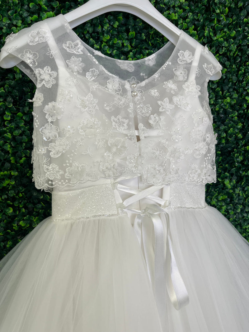 Michelina Bimbi Communion Dress with Floral Beaded Top and Beaded Belt