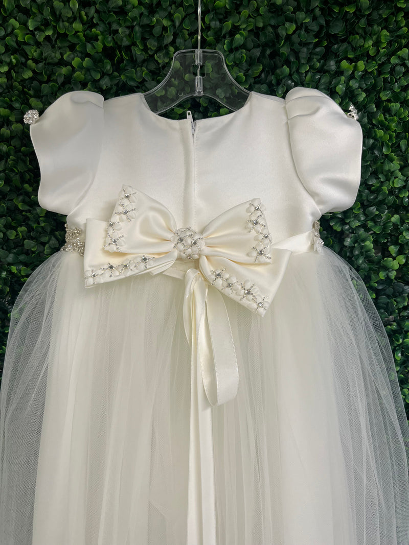 Bella Bow Couture Pearl and Rhinestone Embellished Vintage Cathedral Christening Gown -35052 9 Months / Off White