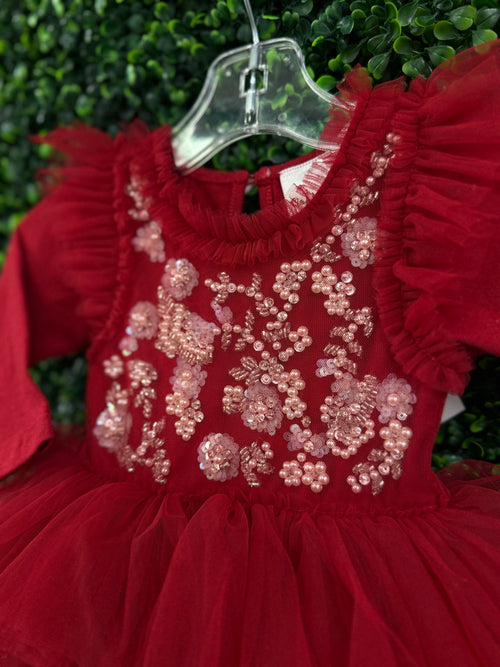 Oh La La Couture Girls’ Onesie Romper Red Beaded and Sequins Tutu