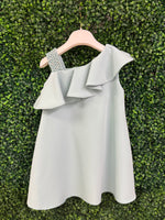 Bimbalo’ Girls' Blue Crepe Asymmetrical Dress with Rhinestone and Pearl Accento