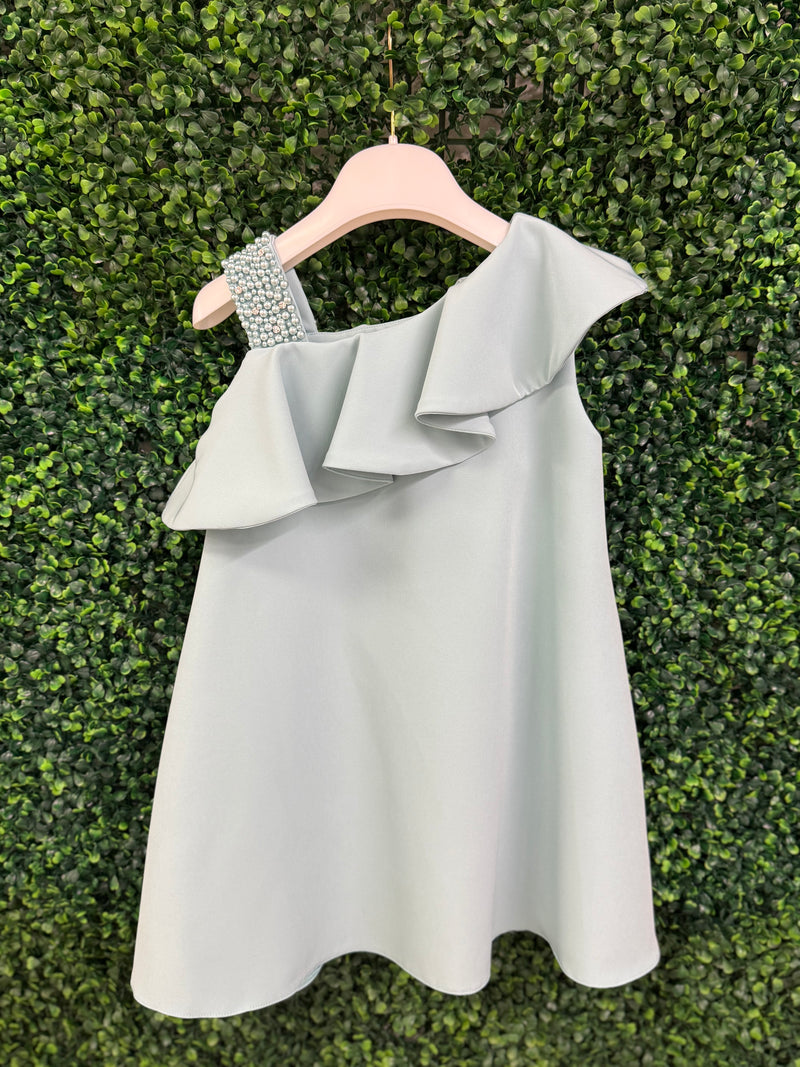 Bimbalo’ Girls' Blue Crepe Asymmetrical Dress with Rhinestone and Pearl Accento
