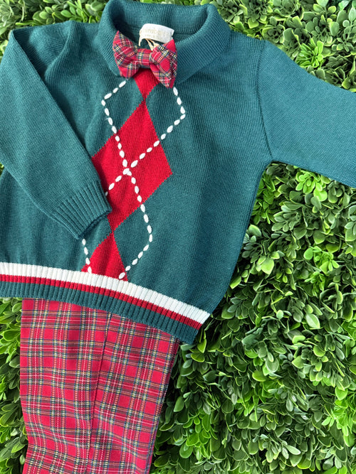 Bimbalo' Green Argyle Sweater and Tartan Plaid Pants Three Piece Set