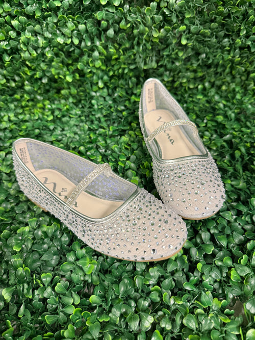 Nina Girls’ Silver Mesh Flats with Rhinestone Detail