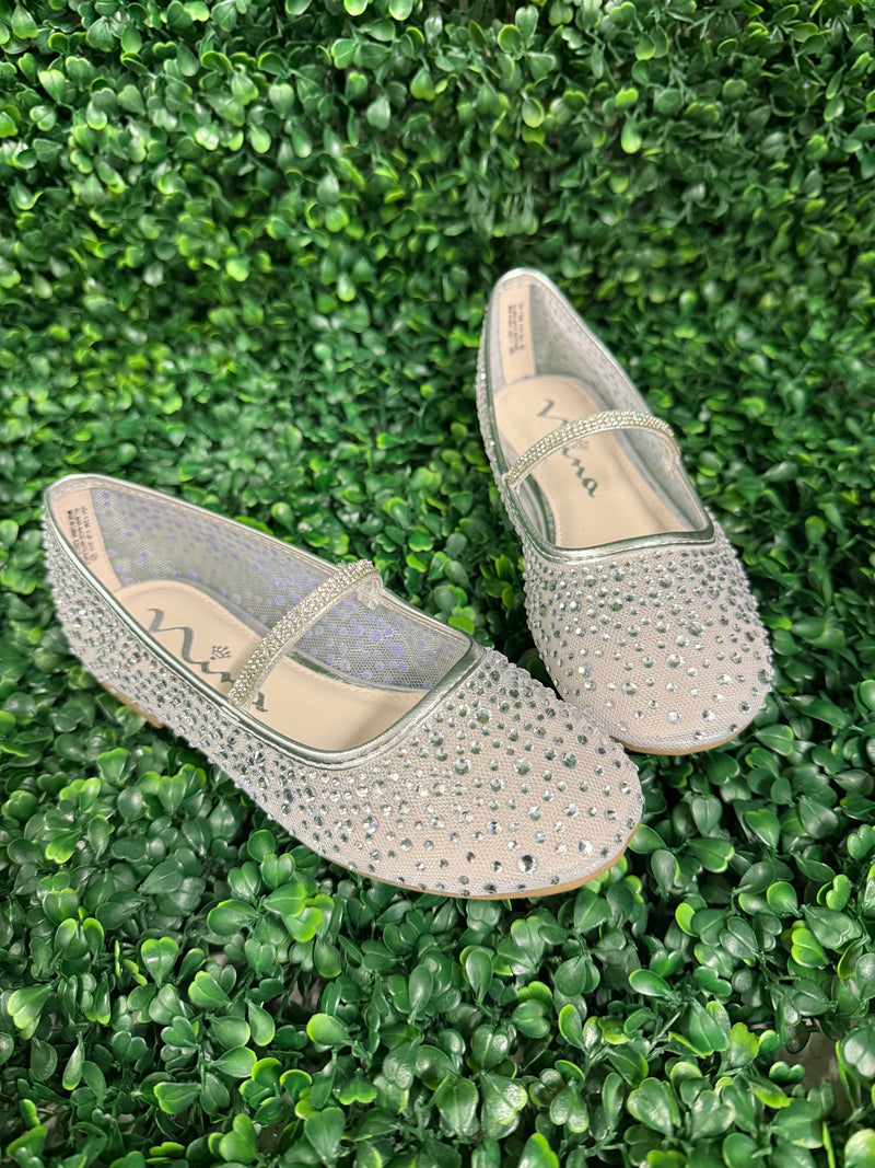 Nina Girls’ Silver Mesh Flats with Rhinestone Detail