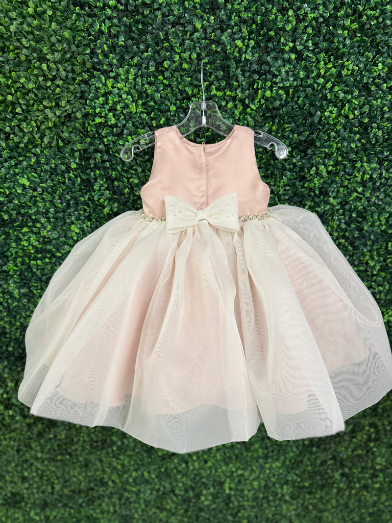 Nan & Jan Blush Satin and Organza Dress with Pearl and Rhinestone Belt