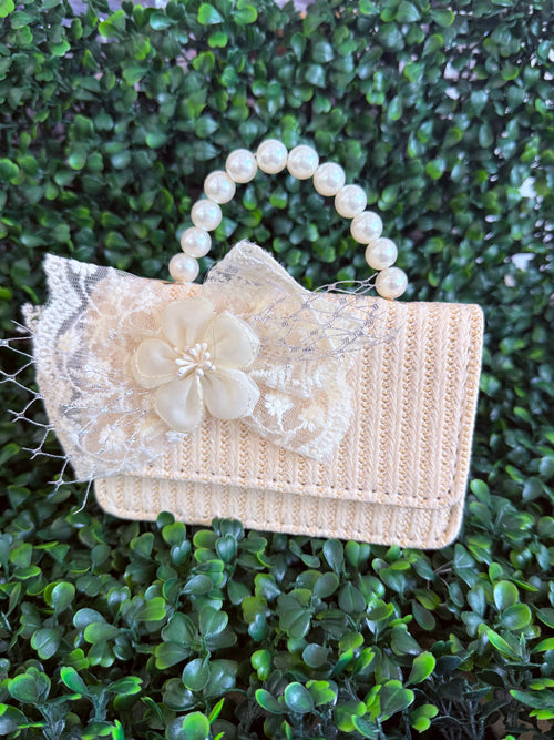 Girls’ Raffia and Pearl Strap Crossbody Purse