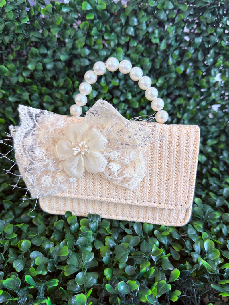 Girls’ Raffia and Pearl Strap Crossbody Purse