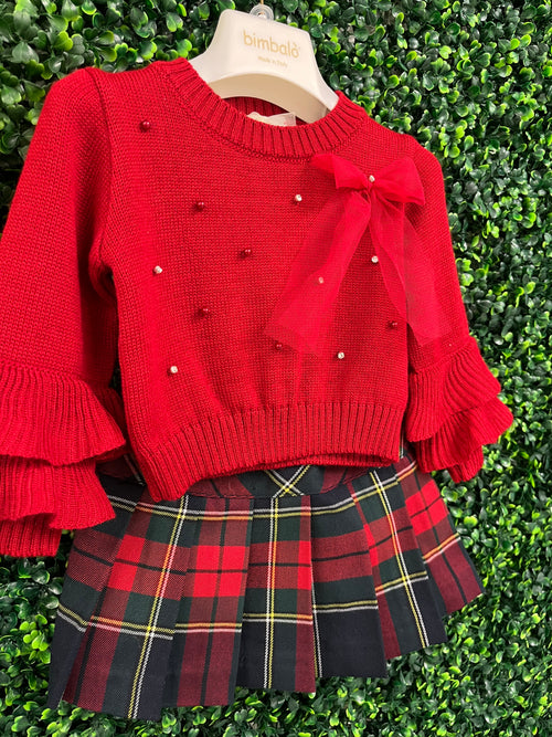 Bimbalo' Made In Italy Girls’ Ruffle Sweater and Tartan Plaid Skirt Set