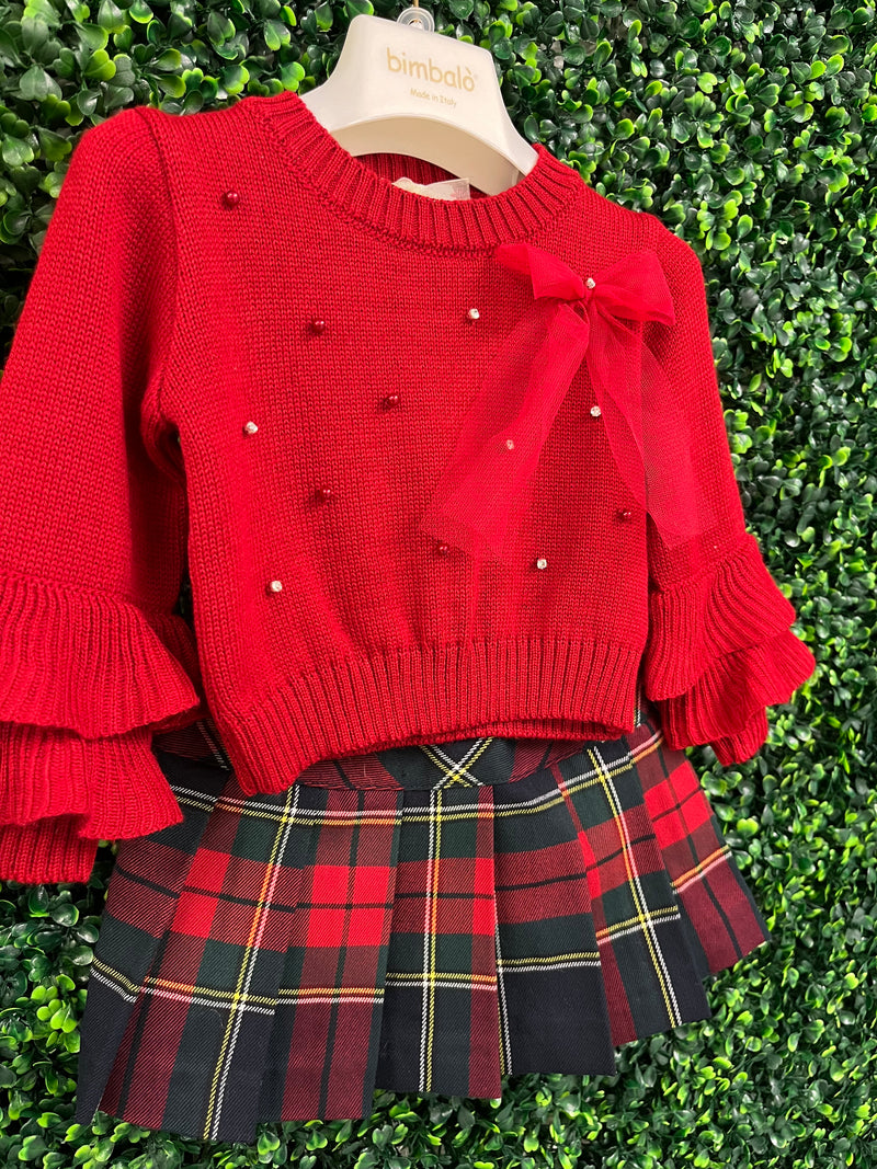 Bimbalo' Made In Italy Girls’ Ruffle Sweater and Tartan Plaid Skirt Set