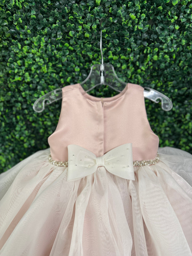 Nan & Jan Blush Satin and Organza Dress with Pearl and Rhinestone Belt