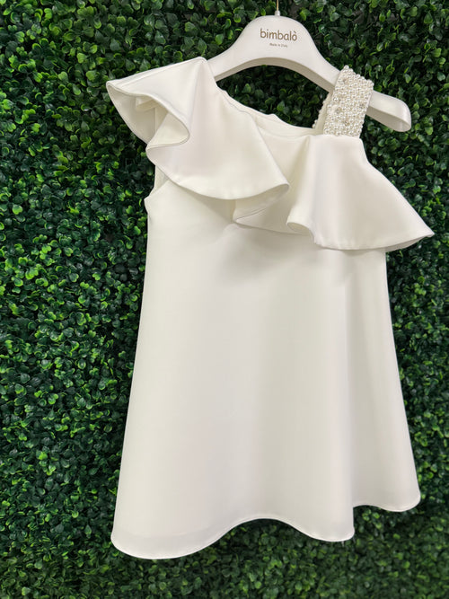 Bimbalo’ Girls' White Crepe Asymmetrical Dress with Rhinestone and Pearl Accento